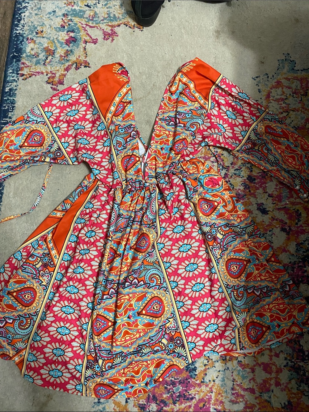 Bohemian Floral Paisley V-Neck Midi Dress in Pink & Orange